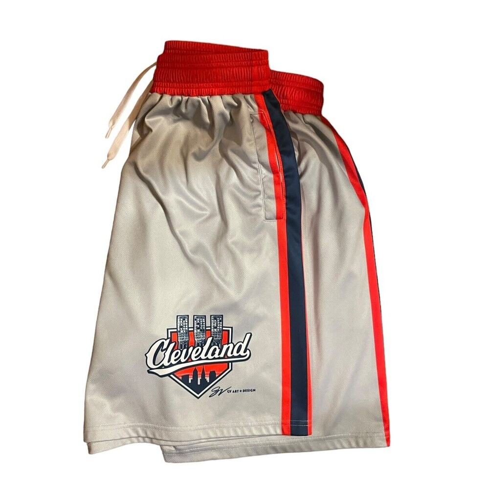 GV Art and Design Cleveland Guardians Baseball Script Grey Mesh Shorts 8” XL